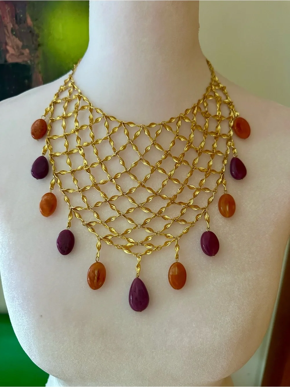 Zara Gold Lattice Necklace with Purple and Amber Drops - Picture 1 of 3